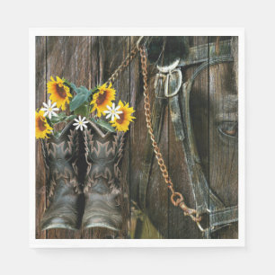 Horse Cowboy Boots Sunflowers Rustic Barn Board Napkin