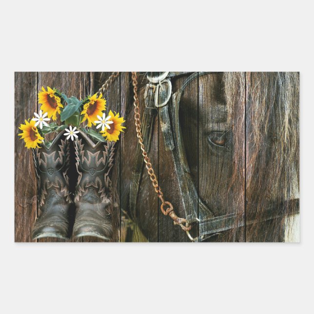 Horse Cowboy Boots Sunflowers Rustic Barn Board Rectangular Sticker (Front)