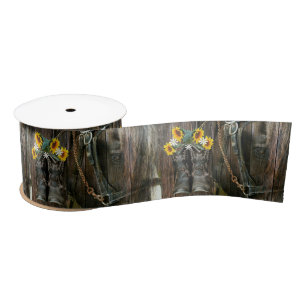 Horse Cowboy Boots Sunflowers Rustic Barn Board Satin Ribbon