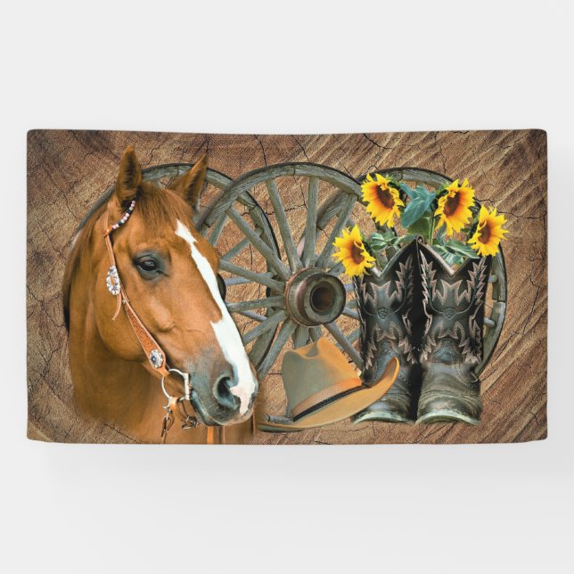 Horse Cowboy Boots Wagon Wheel Sunflowers Western Banner (Horizontal)