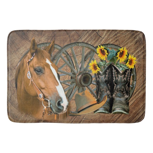 Horse Cowboy Boots Wagon Wheel Sunflowers Western Bath Mat (Front)