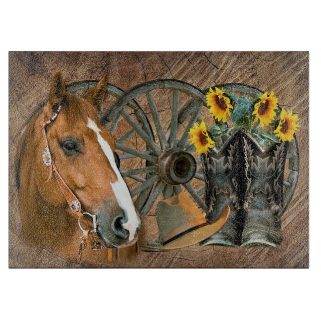 Horse Cowboy Boots Wagon Wheel Sunflowers Western Cutting Board (Front)