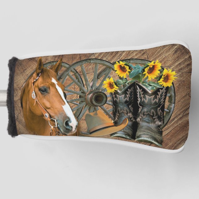 Horse Cowboy Boots Wagon Wheel Sunflowers Western Golf Head Cover (Front)