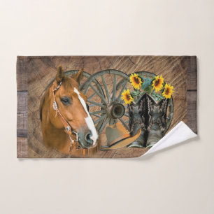 Horse Cowboy Boots Wagon Wheel Sunflowers Western Hand Towel