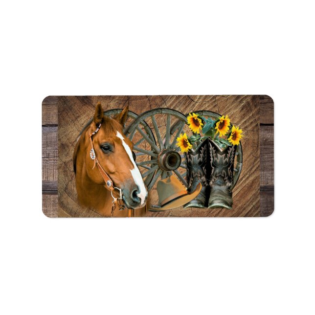 Horse Cowboy Boots Wagon Wheel Sunflowers Western Label (Front)