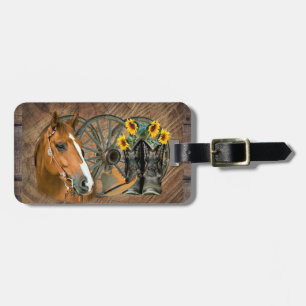 Horse Cowboy Boots Wagon Wheel Sunflowers Western Luggage Tag
