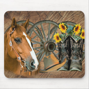 Horse Cowboy Boots Wagon Wheel Sunflowers Western Mouse Mat