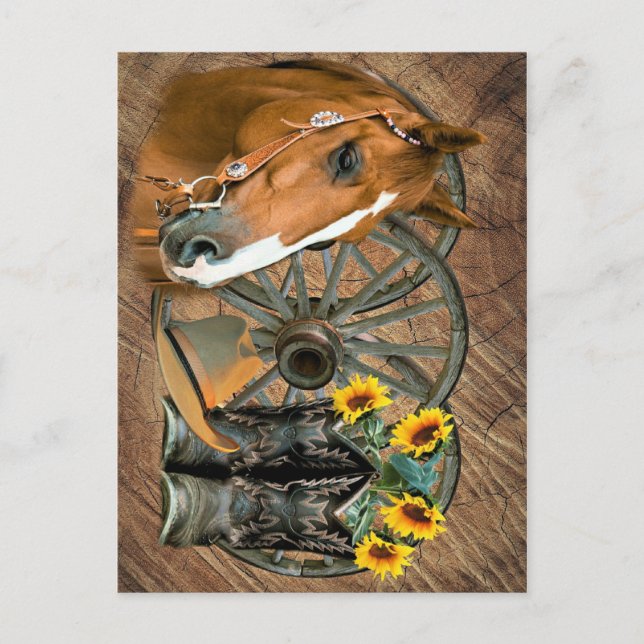 Horse Cowboy Boots Wagon Wheel Sunflowers Western Postcard (Front)
