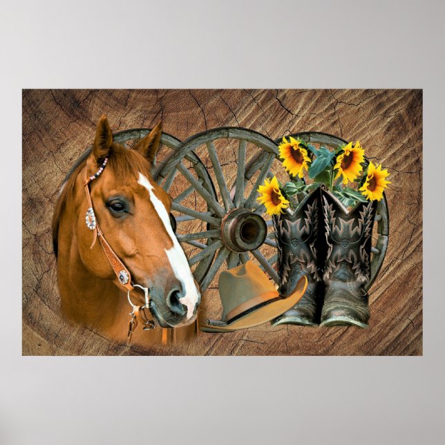 Horse Cowboy Boots Wagon Wheel Sunflowers Western Poster (Front)