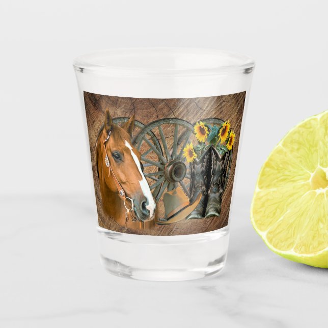Horse Cowboy Boots Wagon Wheel Sunflowers Western Shot Glass (Front)
