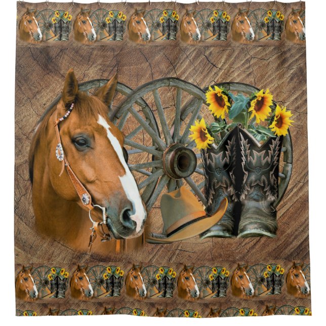Horse Cowboy Boots Wagon Wheel Sunflowers Western Shower Curtain (Front)