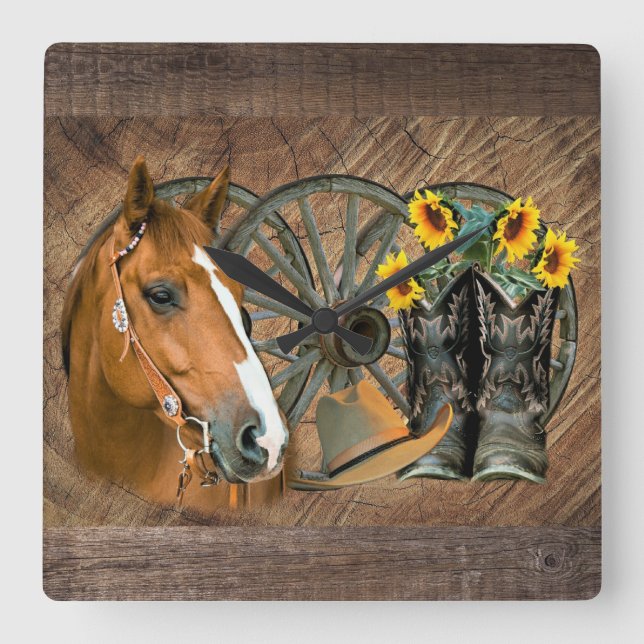 Horse Cowboy Boots Wagon Wheel Sunflowers Western Square Wall Clock (Front)