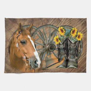 Horse Cowboy Boots Wagon Wheel Sunflowers Western Tea Towel