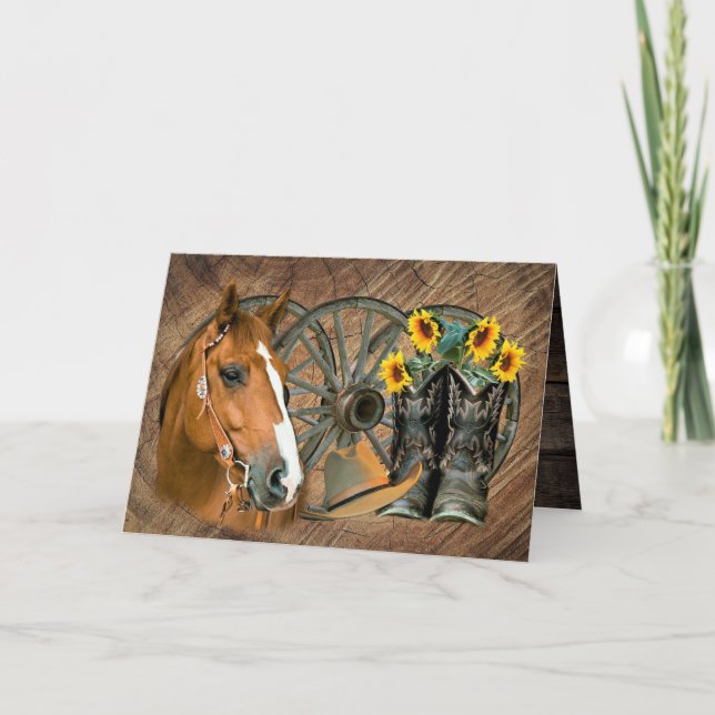 Horse Cowboy Boots Wagon Wheel Sunflowers Western Thank You Card (Front)