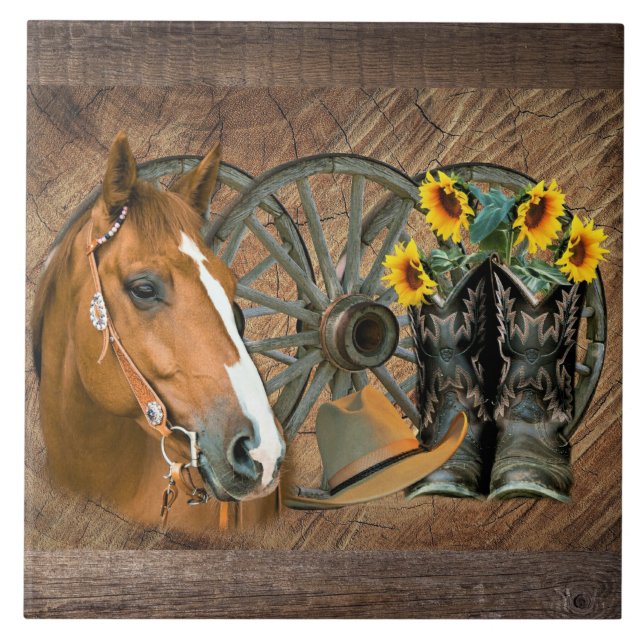 Horse Cowboy Boots Wagon Wheel Sunflowers Western Tile (Front)