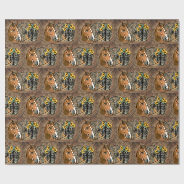 Horse Cowboy Boots Wagon Wheel Sunflowers Western Wrapping Paper (Flat)