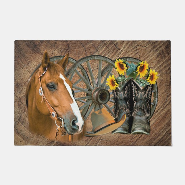 Horse Cowboy Boots Wagon Wheel Western Doormat (Front)