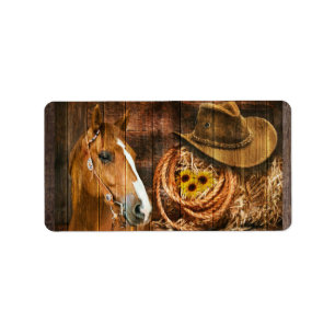 Horse Cowboy Hat Lasso Sunflower Rustic Barn Board Label