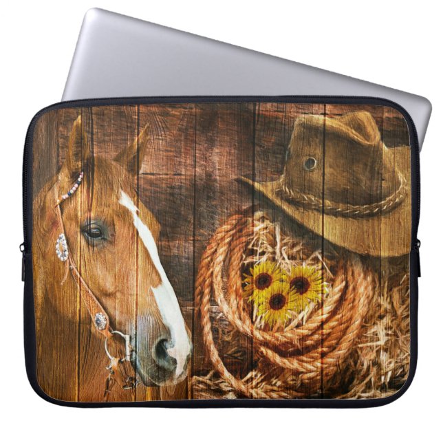 Horse Cowboy Hat Lasso Sunflower Rustic Barn Board Laptop Sleeve (Front)