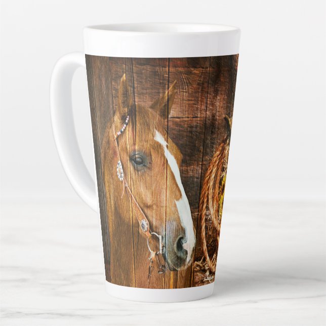 Horse Cowboy Hat Lasso Sunflower Rustic Barn Board Latte Mug (Left Angle)
