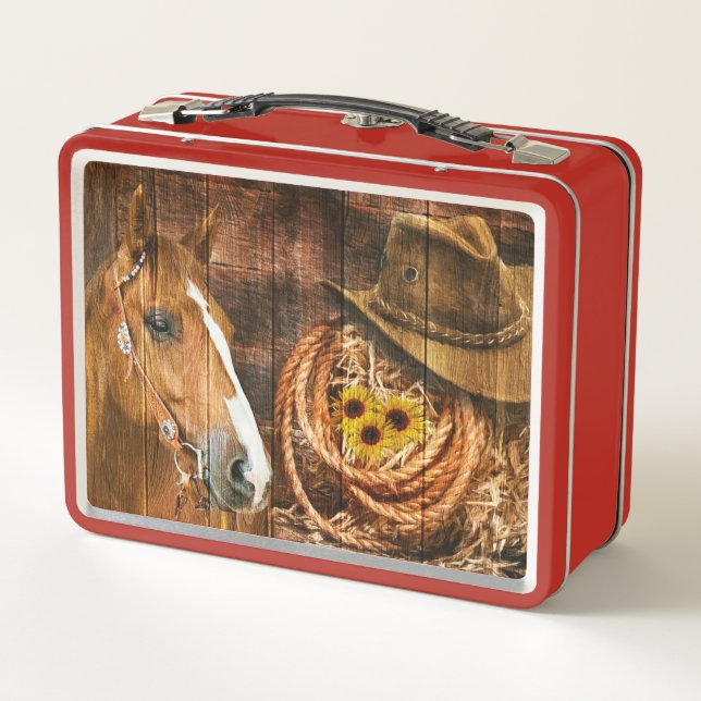 Horse Cowboy Hat Lasso Sunflower Rustic Barn Board Metal Lunch Box (Back)