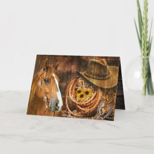 Horse Cowboy Hat Lasso Sunflower Rustic Barn Board Note Card