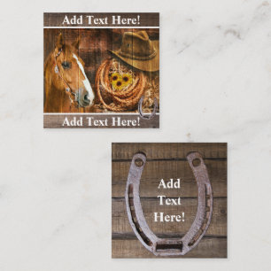 Horse Cowboy Hat Lasso Sunflower Rustic Barn Board Square Business Card