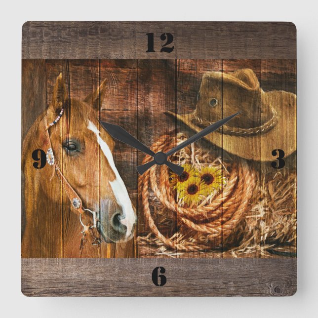 Horse Cowboy Hat Lasso Sunflower Rustic Barn Board Square Wall Clock (Front)