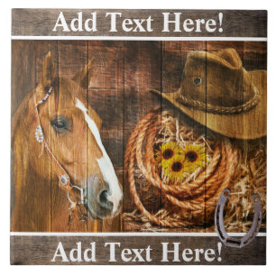 Horse Cowboy Hat Lasso Sunflower Rustic Barn Board Tile