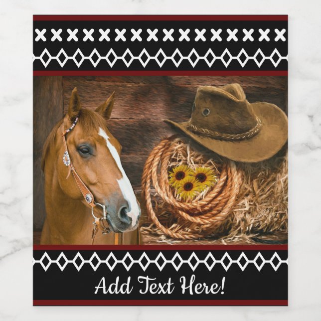 Horse Cowboy Hat Lasso Western Pattern  Wine Label (Single Label)