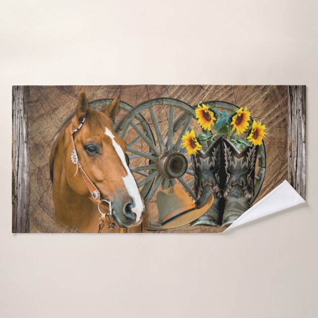 Horse Cowboy Hat Western Wagon Wheels Sunflowers Bath Towel Set (Bath Towel)