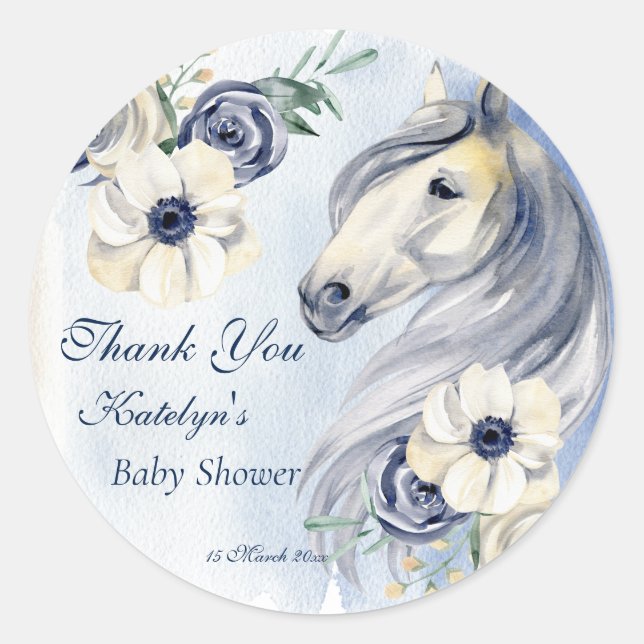 Horse cowgirl baby shower thank  classic round sticker (Front)
