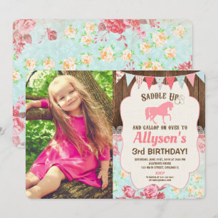 Horse cowgirl birthday girl floral wood photo invitation