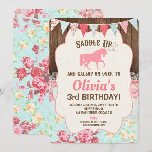 Horse cowgirl birthday invitation girl floral (Front/Back)