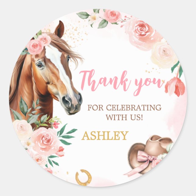 Horse Cowgirl Birthday Party Classic Round Sticker (Front)