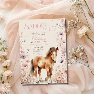 Horse Cowgirl Equestrian Wildflowers Pink Birthday Invitation