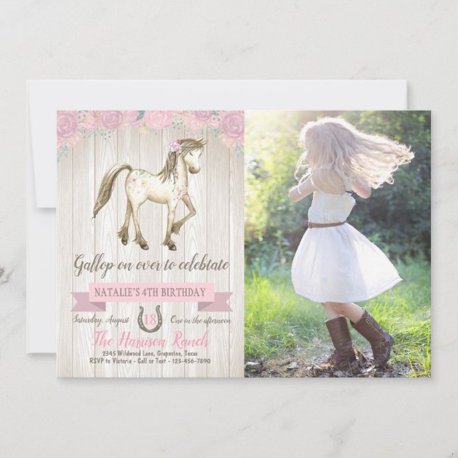 Horse Cowgirl Girls Pony Photo Birthday Party Invitation (Front)