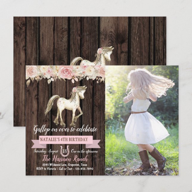 Horse Cowgirl Photo Girl Pony Birthday Party Invitation (Front/Back)