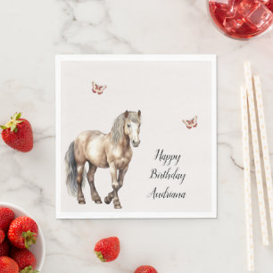 Horse Cream Butterflies Birthday Napkin