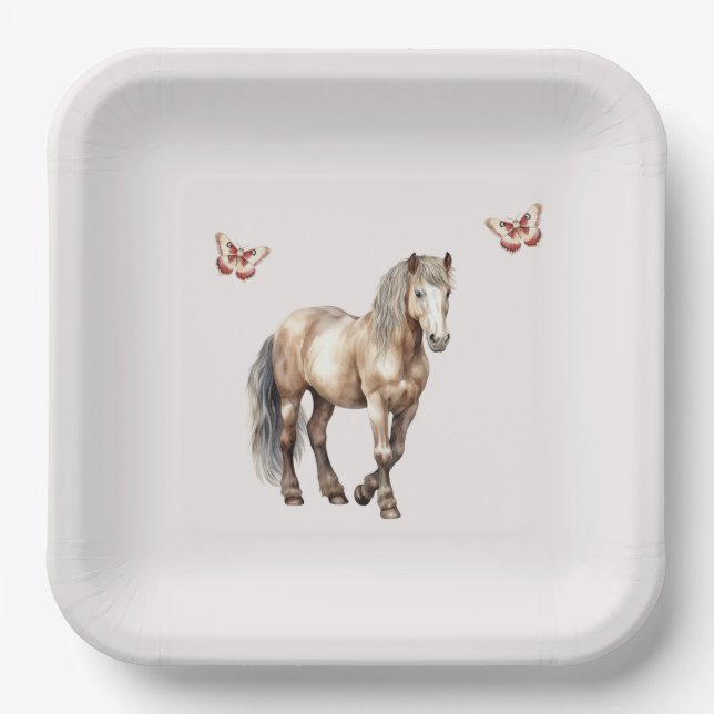 Horse Cream Butterflies Birthday Paper Plate (Front)
