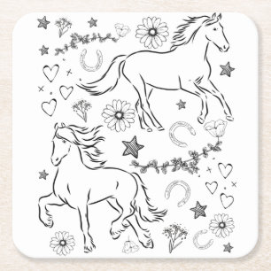 Horse Doodle Colour Me In Square Paper Coaster