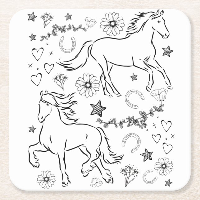 Horse Doodle Colour Me In    Square Paper Coaster (Front)