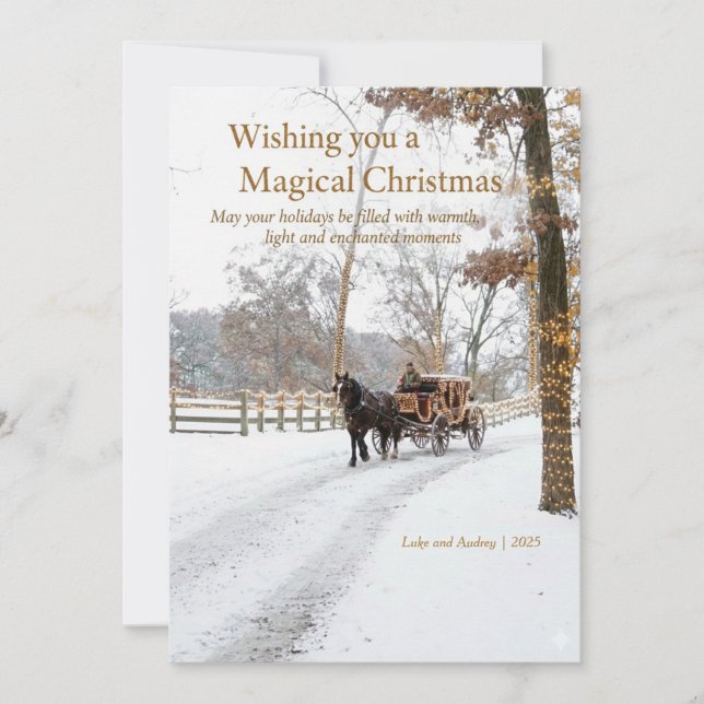 Horse Drawn Carriage w/lights In The Snow Design Holiday Card (Front)
