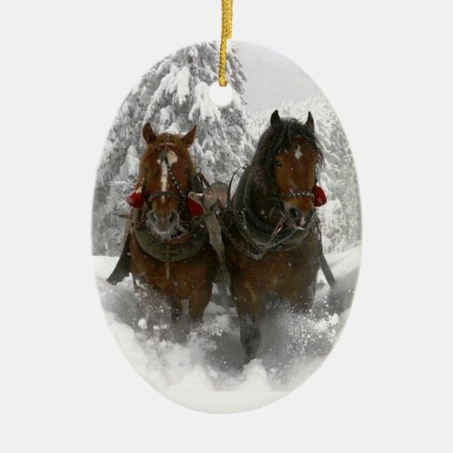 horse drawn sleigh christmas ceramic tree decoration (Front)
