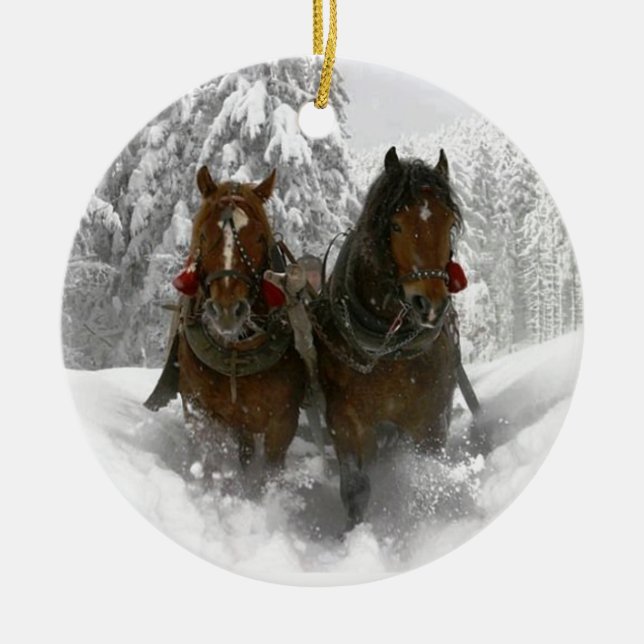 horse drawn sleigh christmas ceramic tree decoration (Front)