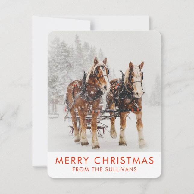 Horse Drawn Sleigh Christmas Scene Holiday Card (Front)