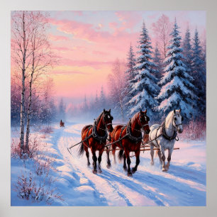 Horse-Drawn Sleigh Journey Through a Snowy Winter Poster