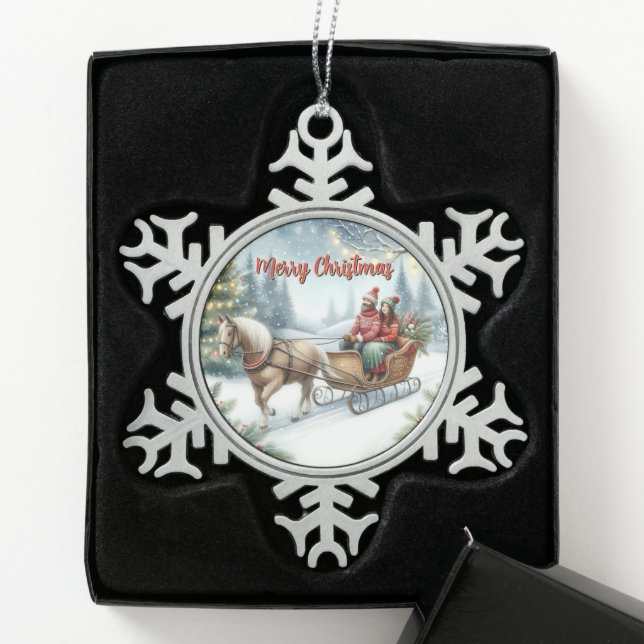 Horse Drawn Sleigh Ride Holiday Scene  Snowflake Pewter Christmas Ornament (Box)