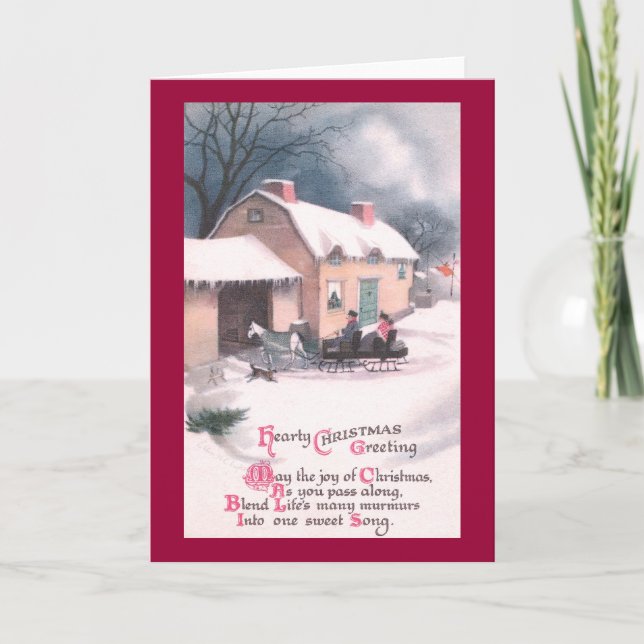 Horse Drawn Sleigh Vintage Christmas Holiday Card (Front)
