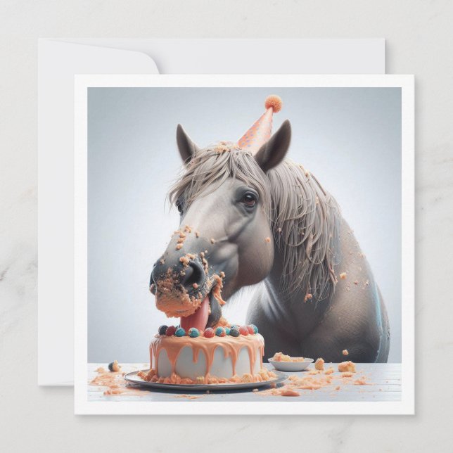 Horse eating cake birthday invitation, Horse lover Invitation (Front)